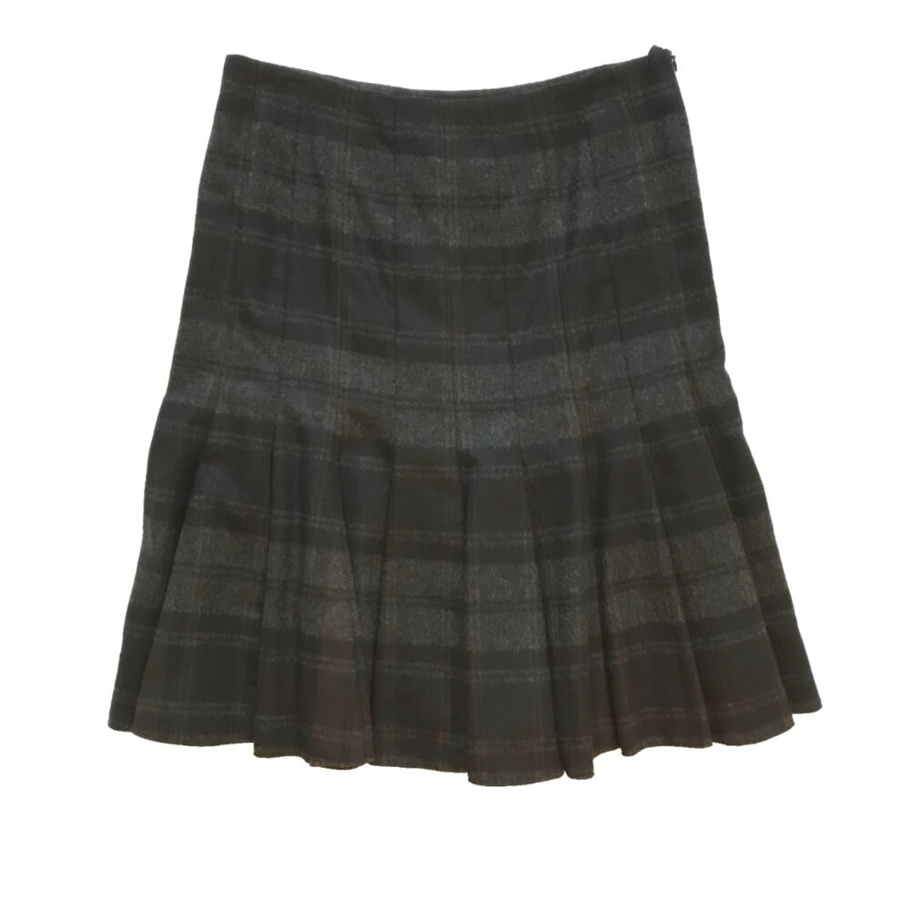 Akris Plaid Pleated High Rise Waist Skirt Womens 4 Black Gray Wool Angora Lined